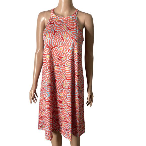 Guy Harvey Dress Womens Medium Orange Light Blue Stretch Abstract Print - Picture 3 of 10